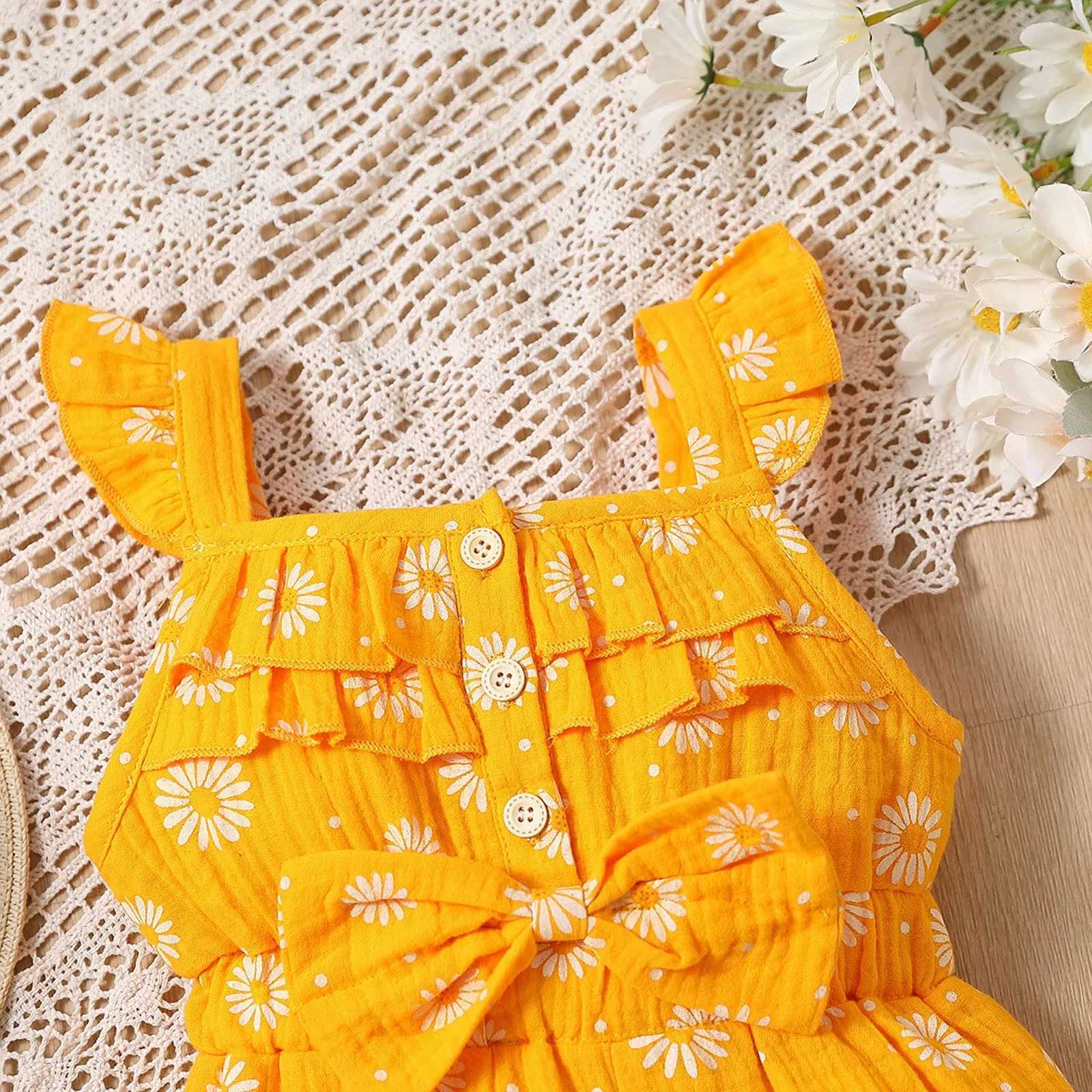 Sun Flower Small Flying Sleeve Yellow Bow Summer Jumpsuit Girls Sut Baby Summer Dress W240806