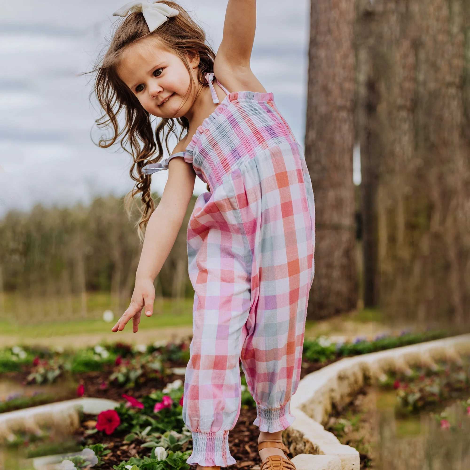 Sweet Girls Plaid Bow Decor Cami jumpsuit summer party gift W240806