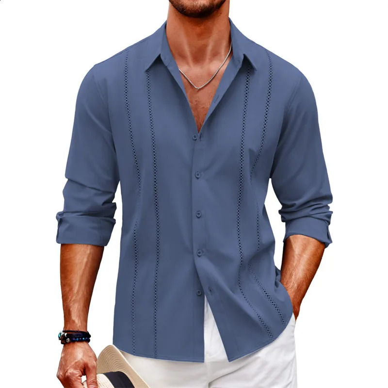 Simple casual mens long sleeve shirt beach linen button mens long sleeve solid color plus size comfort 240816