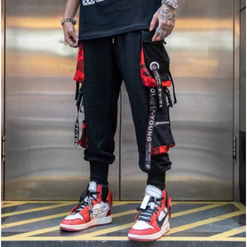 Mens Cargo Pants Casual Hip Hop Hit Color Multiple Pockets Trousers Streetwear Ribbons 240819