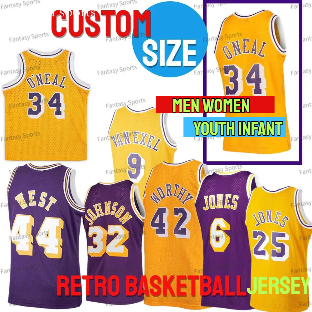 Retro Custom Oneal James Johnson Jersey Kurt Rambis Jones Chamberlain West Purple Yellow Mens Kids Youth Basketball Jerseys Women Size