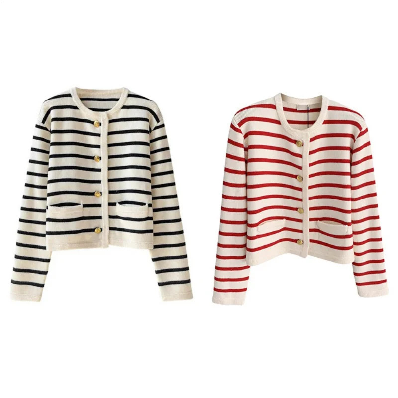Womens long sleeved round neck button up front striped knitted cardigan wool sweater 240819