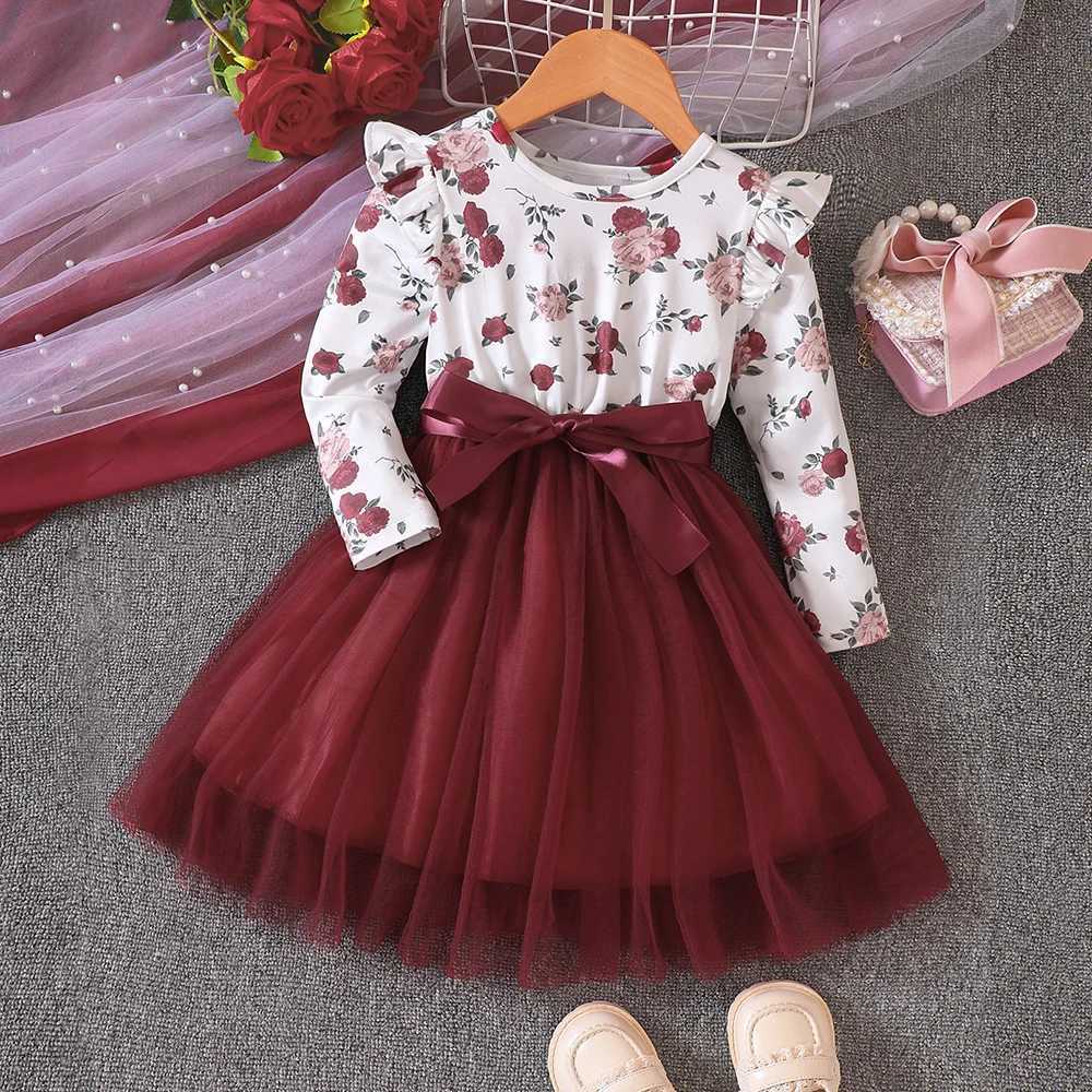 New Girls Spring and Autumn Flying Sleeves Long Sleeve Printed Mesh Dress for Primary and Secondary School ChildrenXJ241206