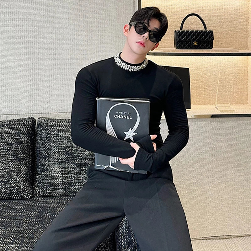 LUZHEN Diamond Decorate Long Sleeve T Shirt Fashion Plain Slim Base Shirt Original Personalized Trendy Mens Tops LZ4789 240819