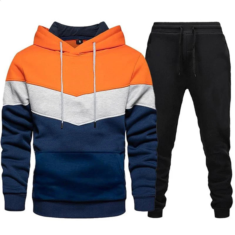 Autumn Winter Fashion Tracksuit Tricolor Hoodies and Black Sweatpants High Quality Male Daily Casual Sports Hooded Jogging Suit 240819