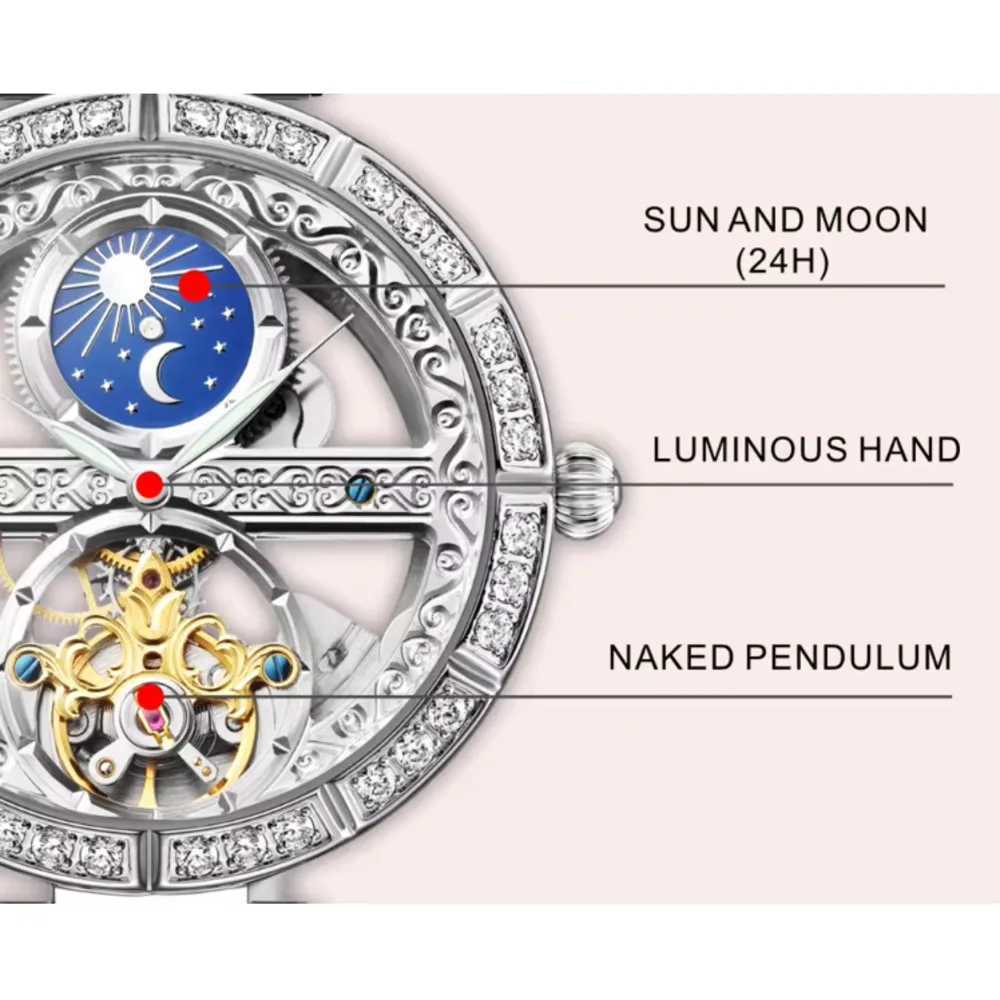 Luxury womens waterproof skeleton Touillon mechanical luminous beauty elegant mechanical W250104