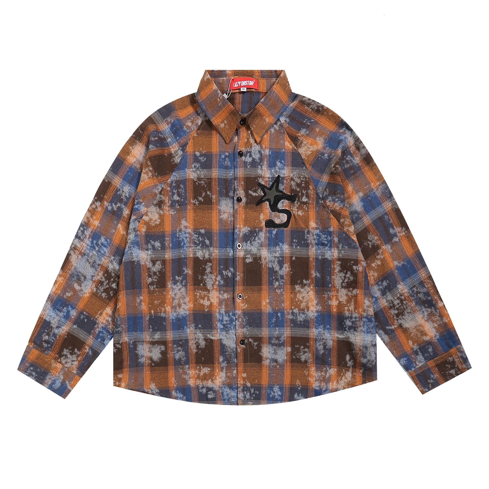American Street High-end Neutral Spray Dirty Color Vintage Mens Long Sleeved Lapel Plaid Shirt