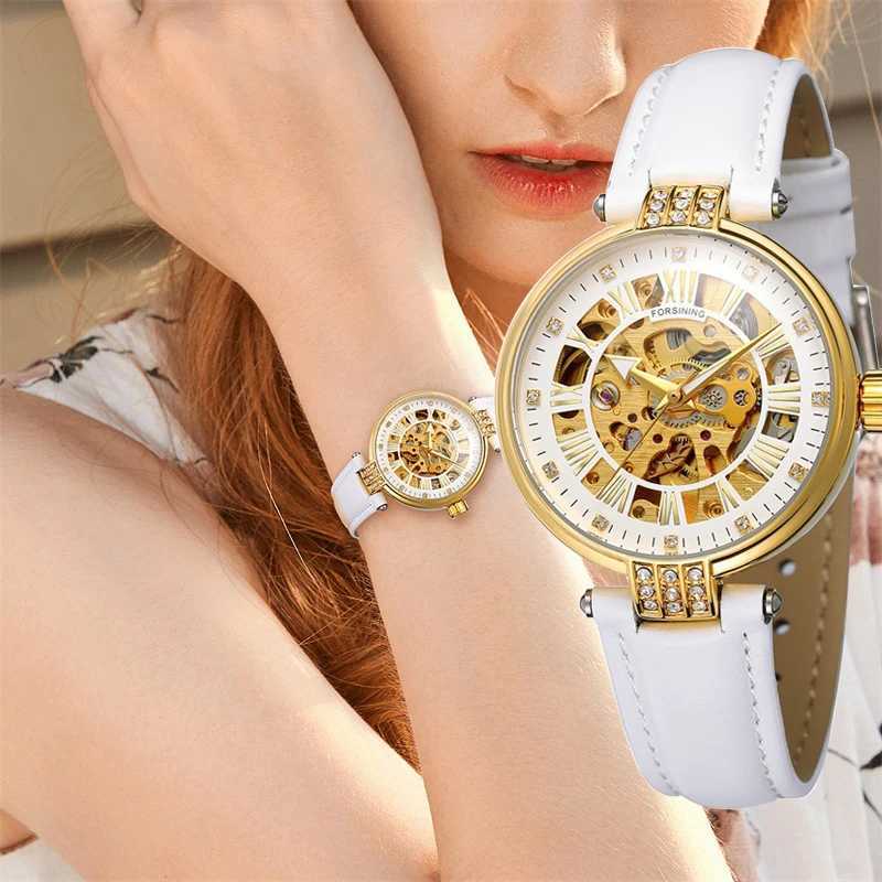 FORSING Women White Golden Skeleton Automatic Mechanical Ladies Fashion Busin Luminous Wrist Relogio Homme Saati W250104