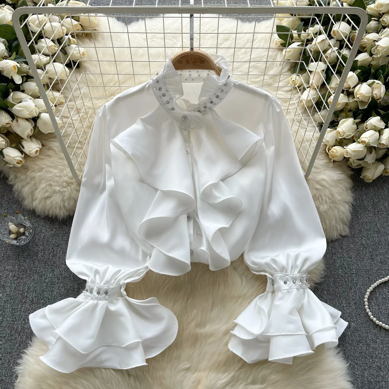 Vintage Rhinestone long sleeved shirt ultrathin elegant fashion crop top sexy spring and autumn womens 240819