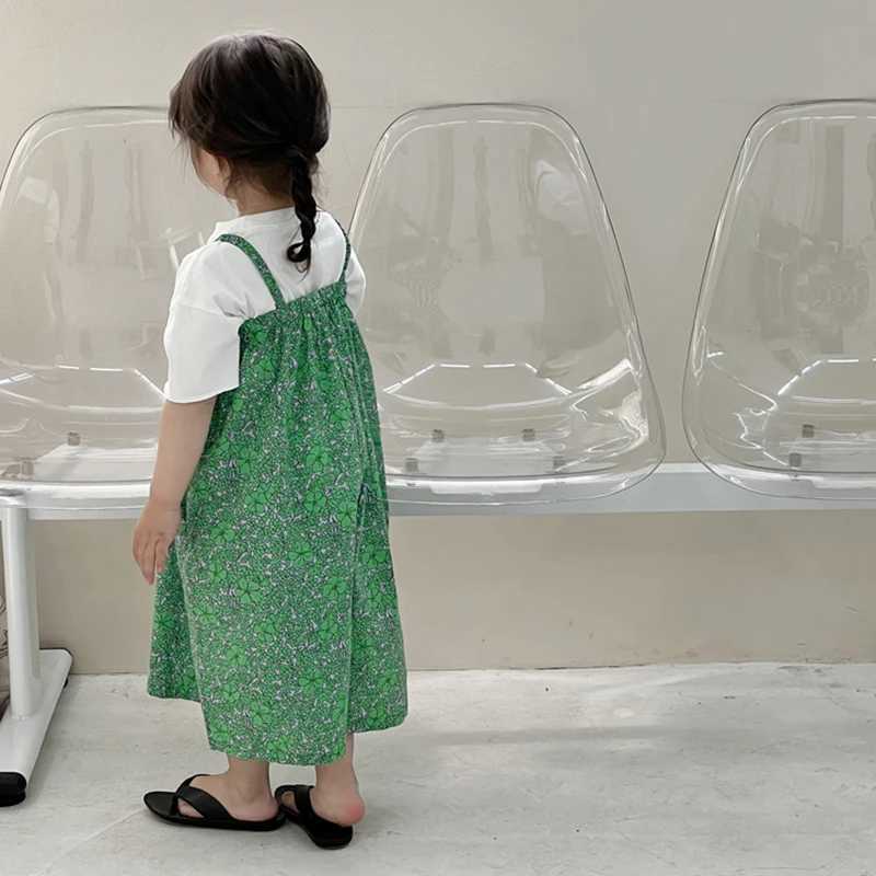 Childrens girl jumpsuit summer floral print baby casual wide leg pants sleeveless beach pendant jumpsuit 3-8Y W240806