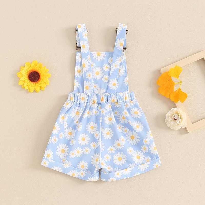 FOCUSNORM 0-6Y Summer Little Girl Full Body Shorts Casual Sunflower Printed Sleeveless Shoulder Strap Button Pocket jumpsuit W240806