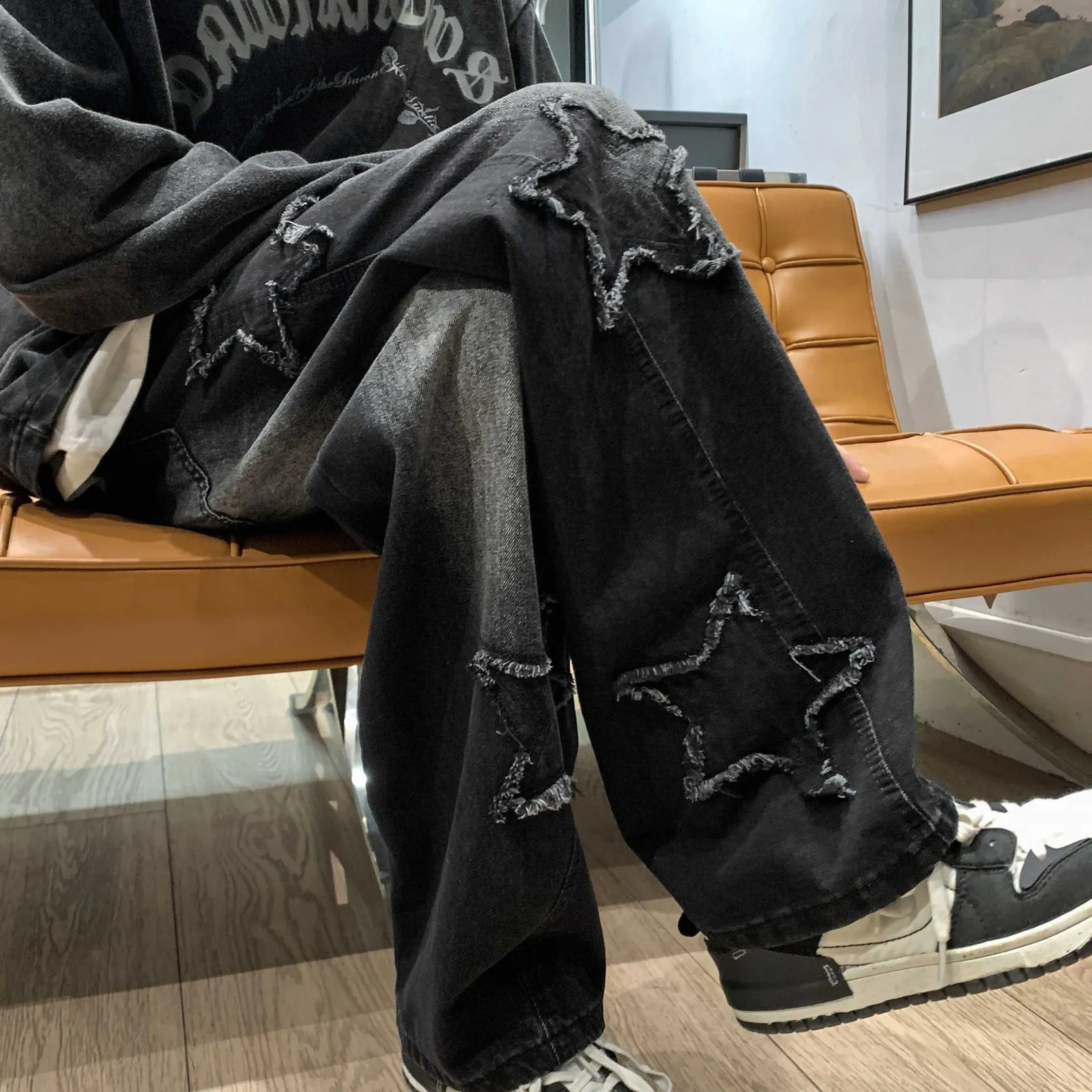 Mens Jeans Star Embroidered Ripped Hole Pants Graphic Motorcycle Loose Hip Hop High Street Punk Denim Clothing 240819