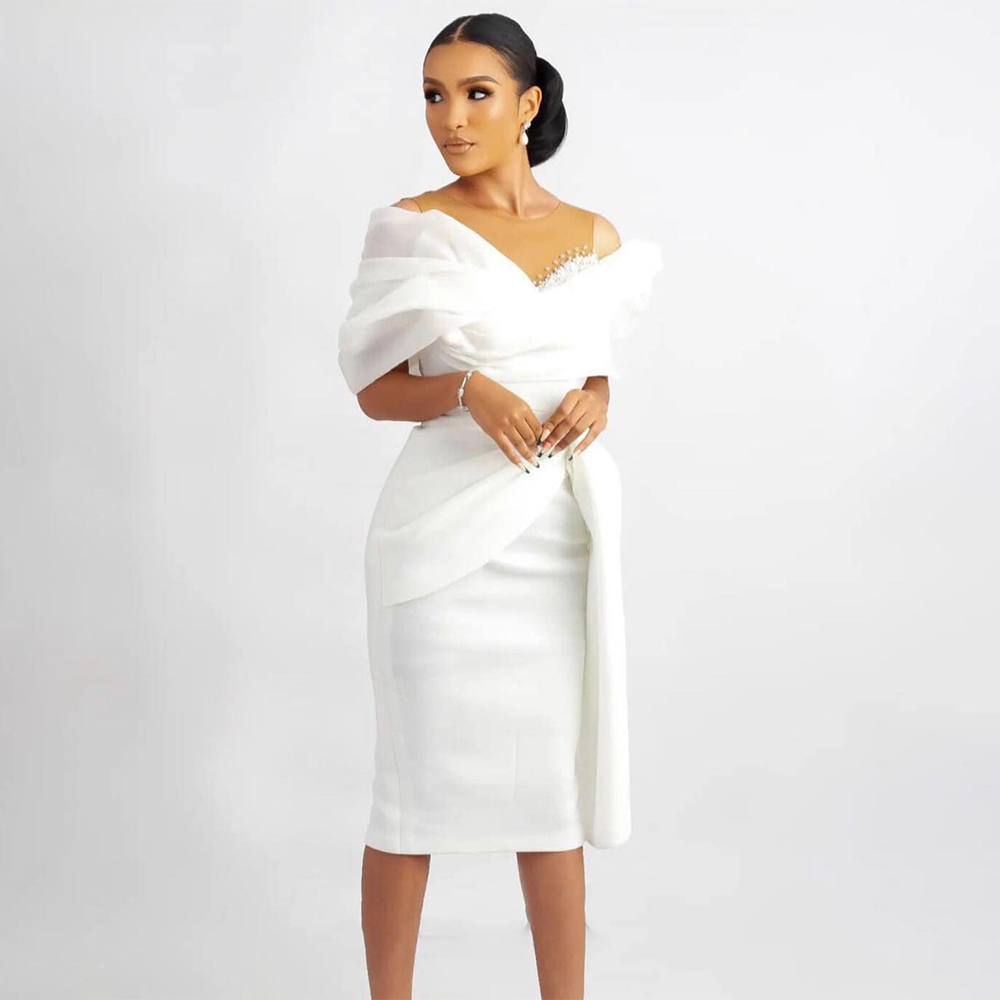 Short Wedding Dress White Illusion Scoop Neck Sheath/Column Bridal Gowns for Women Knee Length Beaded Simple Formal Women Brides Dress