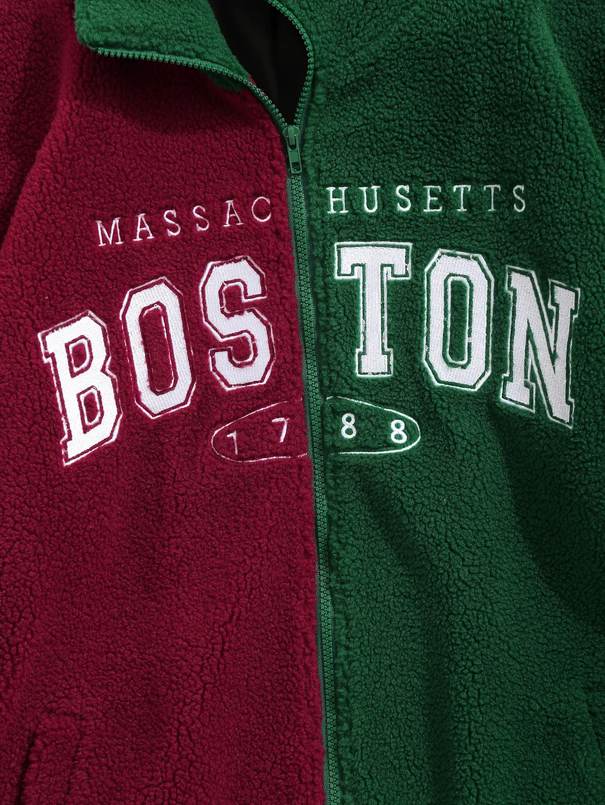 Mens MASSAC HUSETTS BOSTON Embroidered Two Tone Colorblock Zip Fluffy Synthetic Trimmer Collar Zipper Flight Jacket 240816