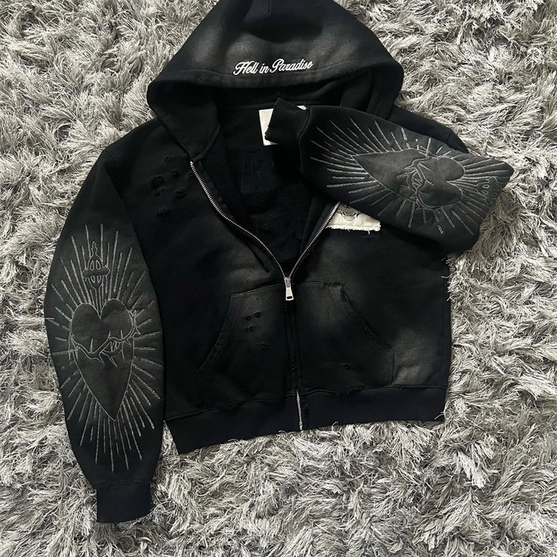 Hell in Heaven Street Retro Gothic Zipper Hoodie Y2k Alphabet Embroidered Patchwork Loose Sweatshirt Mens Wear 240816