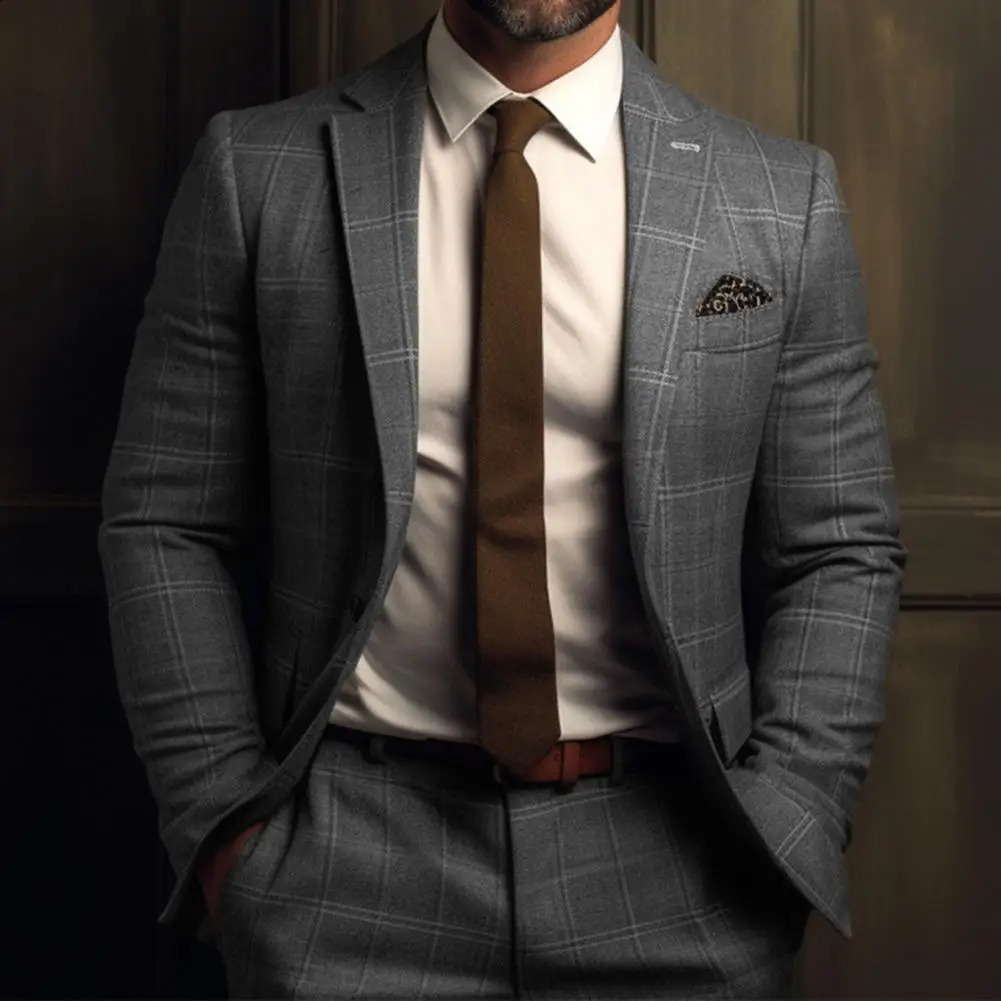 Vintage Men Suit Blazer Formal Slim Fit Plaid Print Business Jacket Long Sleeve Single Button Blazer Men Office Attire Coat 240816