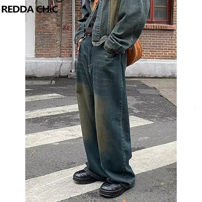 REDDACHiC Vintage Green Wash Baggy Jeans for Men Casual Wide Leg Adjust Waist Y2k Pants Street Style Work Wear Male Trousers 240816