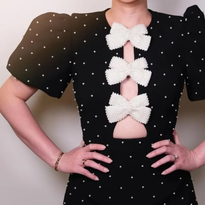 Bow Hollow Out Womens Black Dress Sexy Short Sleeve Party Mini Bandage O-neck Dresses Spring Elegant Shinny Robe 240819