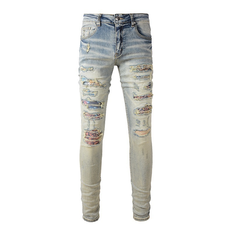 Mens Distressed Blue Bandanna Patch Work Hole Repair Tight Elastic Mouse Slim fit Open Back Jeans 240816