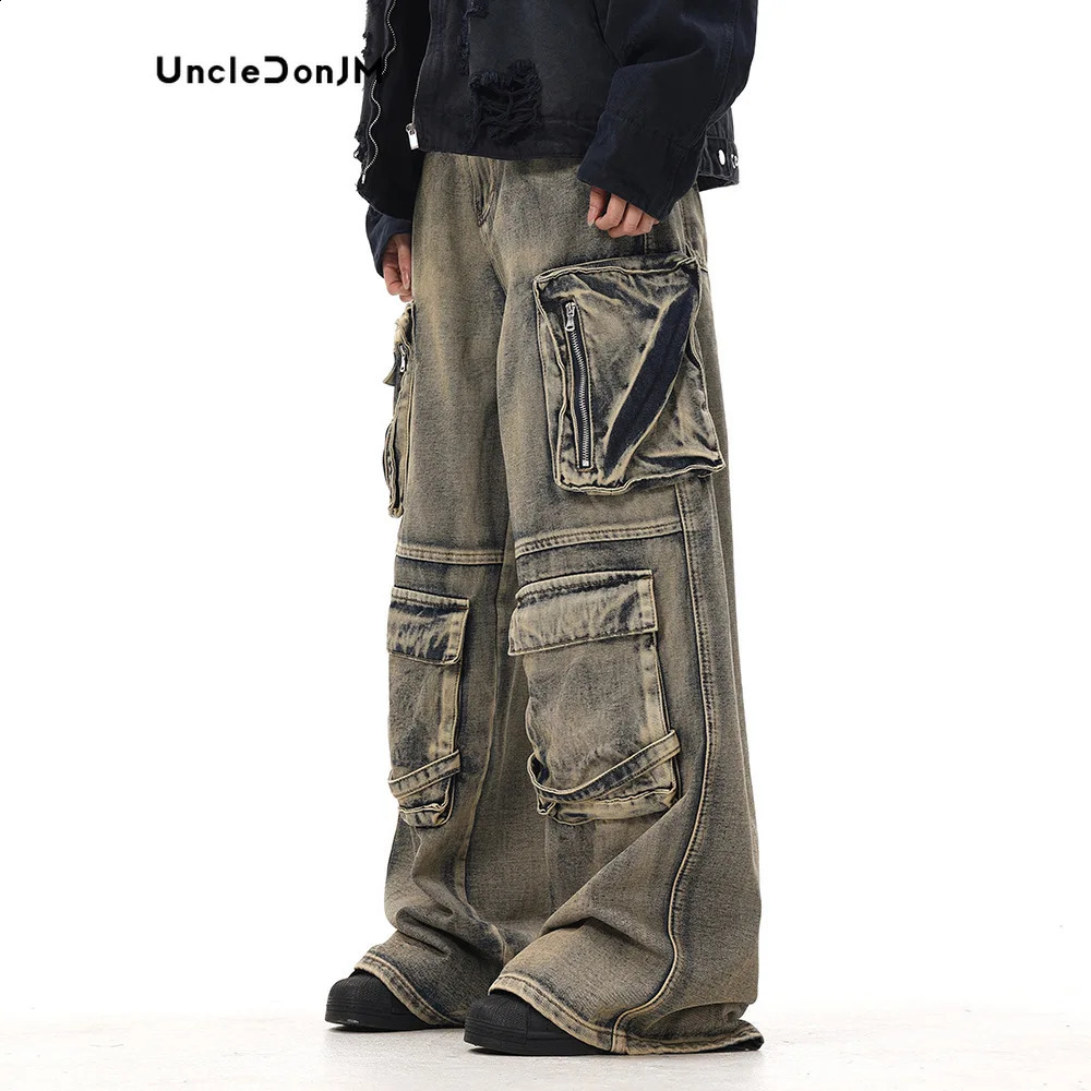 Style Multi Pocket Denim Workwear Pants Mens Loose Straight Leg Pants Heavyweight Baggy Jeans 240816