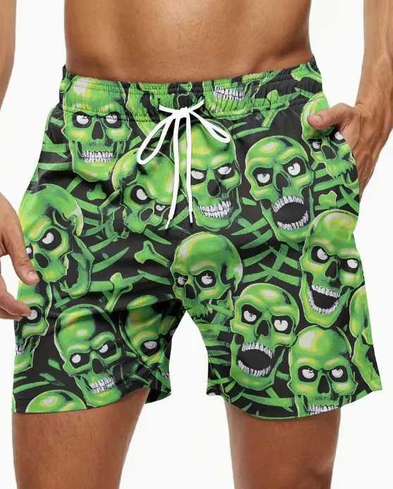 Mens Ethnic Style Skull Pattern Board Shorts With Drawstring Chic And Trendy Shorts For Summer Beach Holiday Leisurewear ShortsXJ240817