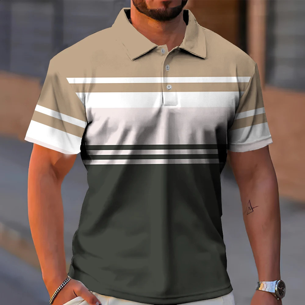 Business Casual Golf Mens Polo Shirts Summer Fashion Short-Sleeve T Shirt Gradient Line Printing Tops Daily Oversized Poloshirt 240816
