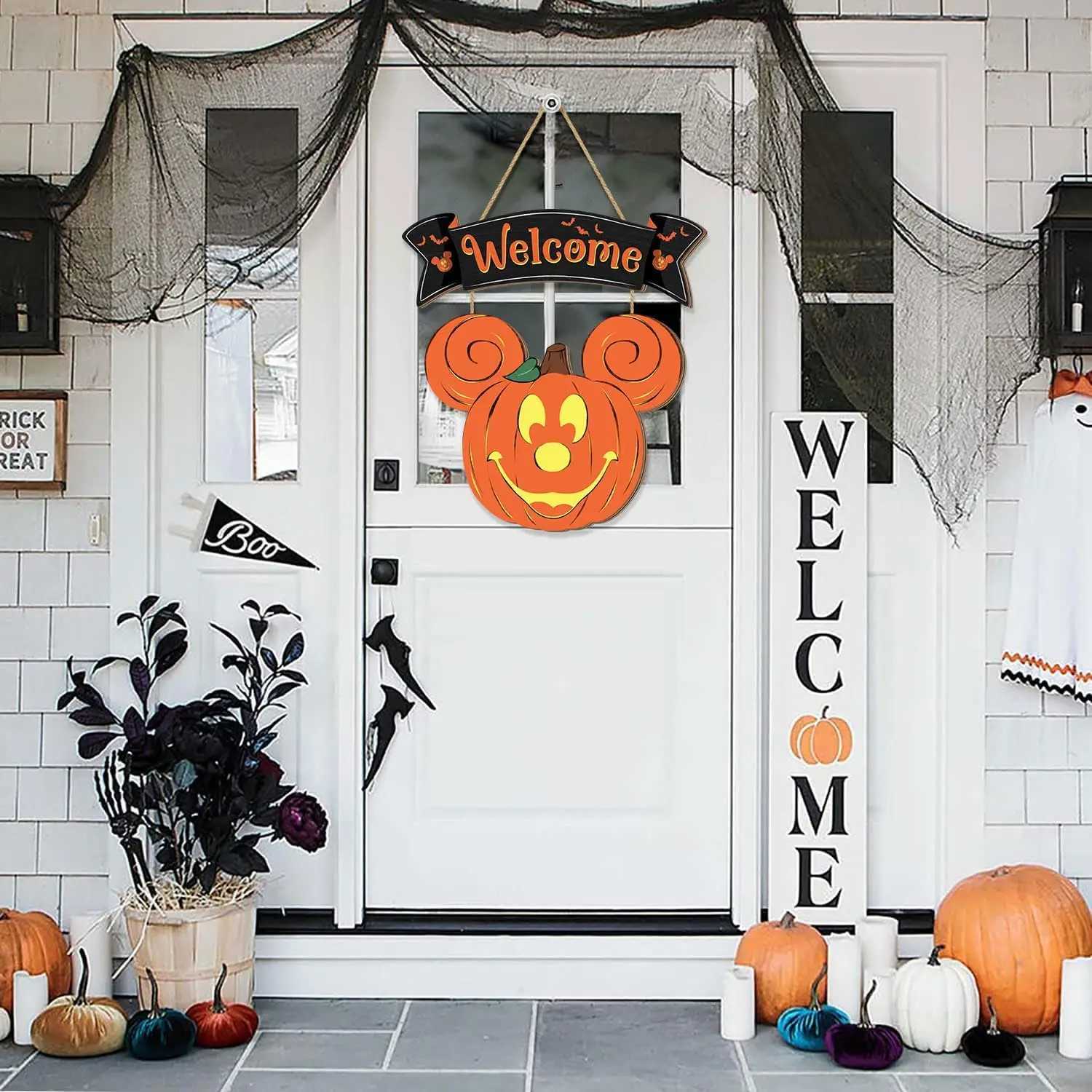 Halloween Mouse Pumpkin Decorations Halloween Mouse Welcome Hanging Sign for Front Door Happy Halloween Wooden Pumpkin SignsXJ240817