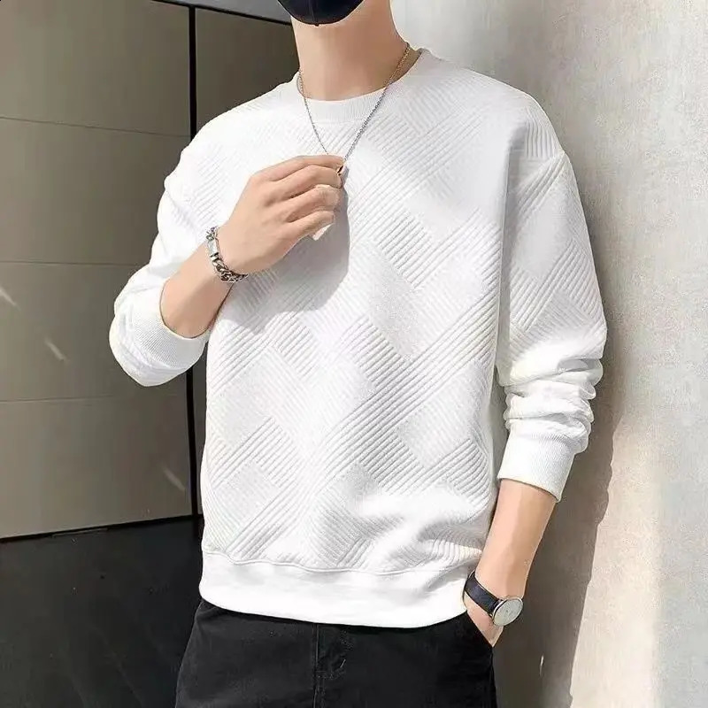 Mens Sweatshirt Solid O Neck Long Sleeve T Shirts Autumn Spring Texture Simple Black White Classic Mens Pullover Hoodie Tops 240816