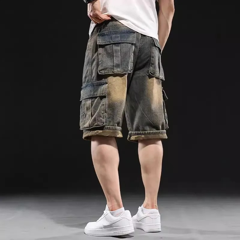 Retro Yellow Multi Pocket Work Cargo 7 Point Denim Shorts Mens Wide-leg Loose Fat Jeans Shorts Plus Size 42 44 240816