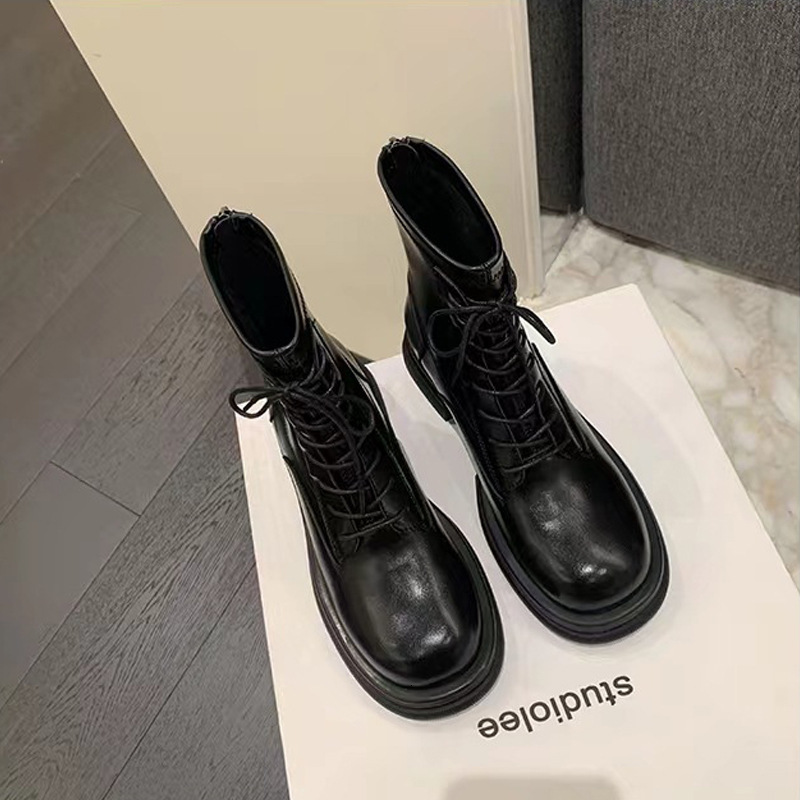 Ddmyoutdoor Grape Mom Round Ead Autumn Winter New Korean Edition Slim And Thick Eel For Women With Eightened Lace Up Martin Short Boots OUTDOOR