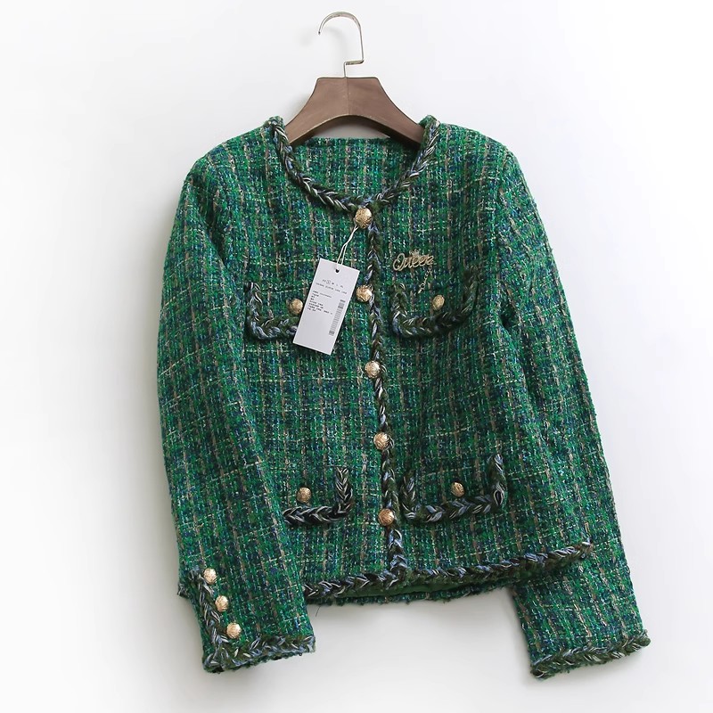 Women o-neck green plaid single breasted tweed woolen autumn cotton-padded thickening jackets casacos SML