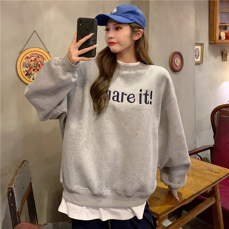 2024 autumn and winter new Korean version letter embroidery fake two-piece thick velvet long sleeved sweatshirt women's pullover style top dc2b3