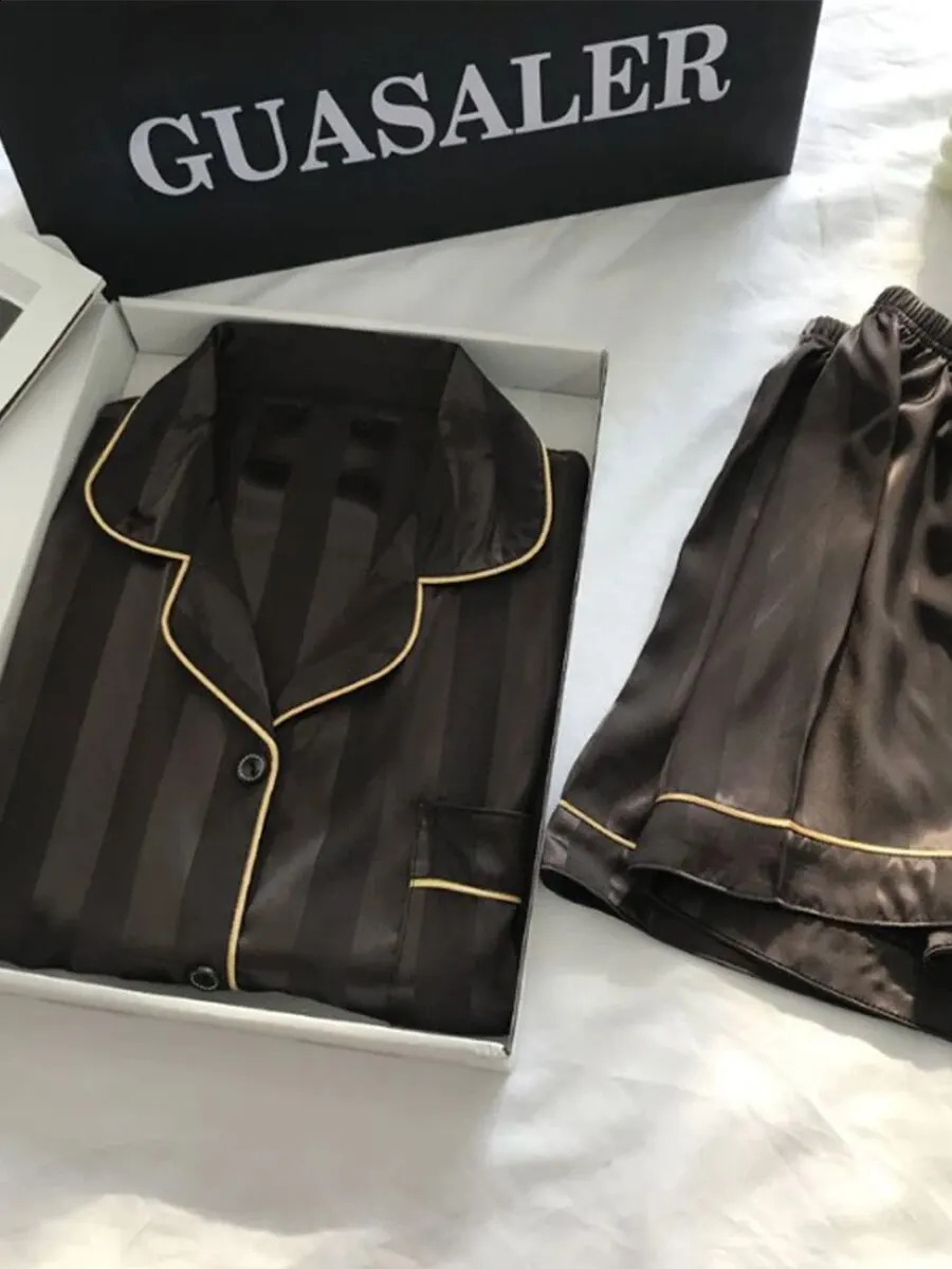 1 set of elegant womens lounge plus size satin striped button up long sleeved shirt and pants pamas w240819