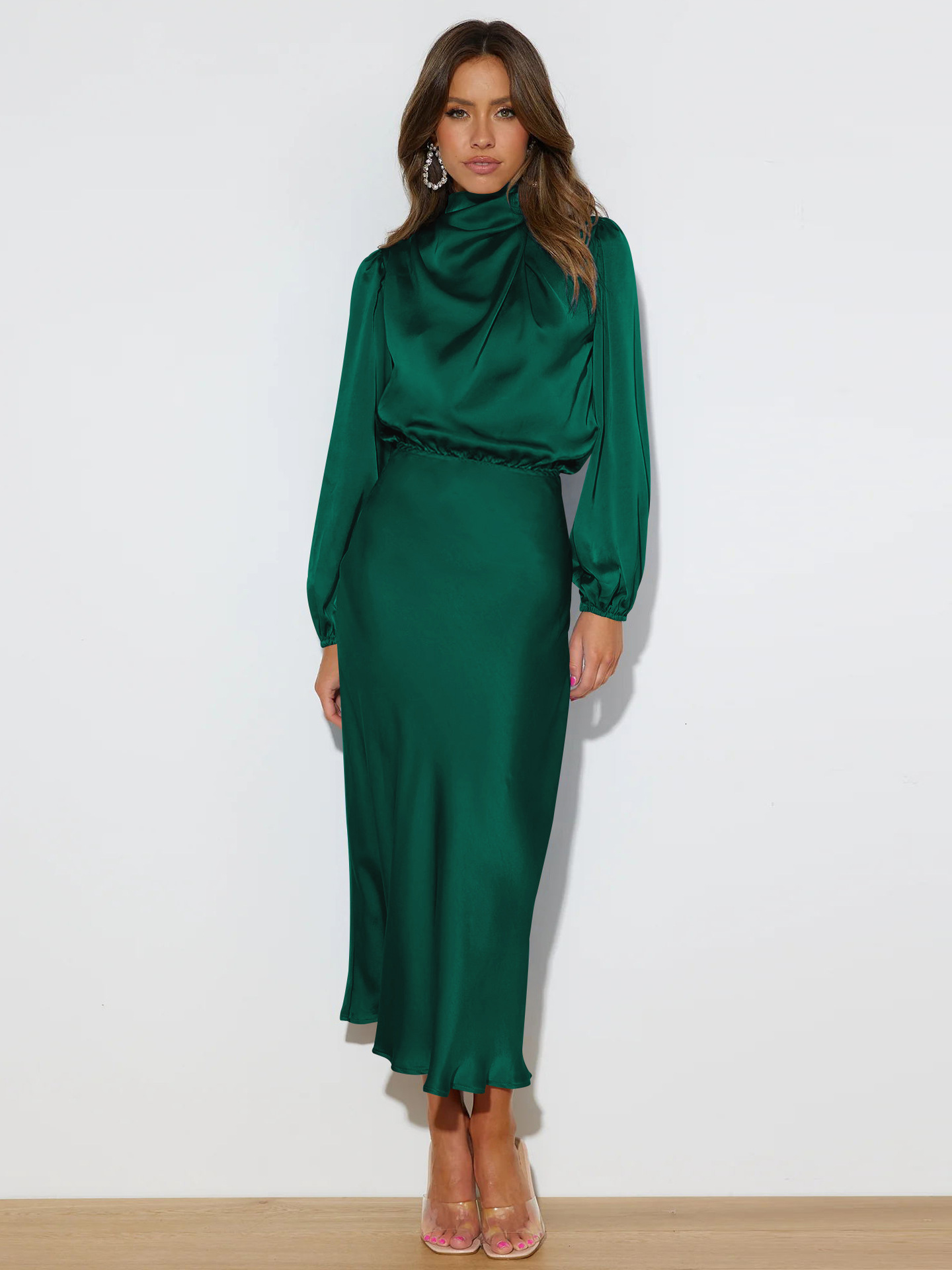 Autumn New High-end Satin Long Sleeved Loose Dress with Elegant Temperament Womens Evening Gift Dress