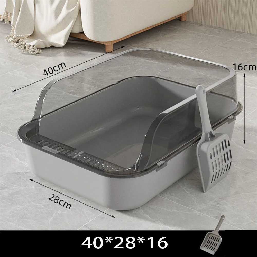 Cat Litter Box Semi Enclosed High Side Splashproof with Scoop 40x28x16cm Grey 2024 Model