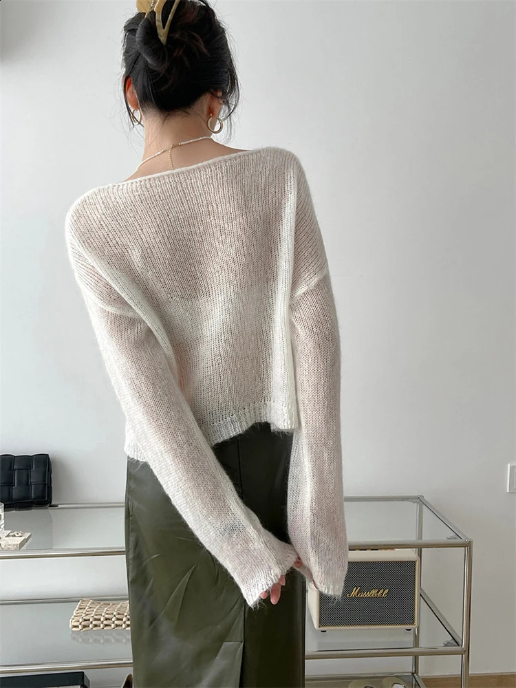 Lamb thin knitted sweater womens long sleeved solid color transparent pullout fashionable top springsummer 2R4360 240819