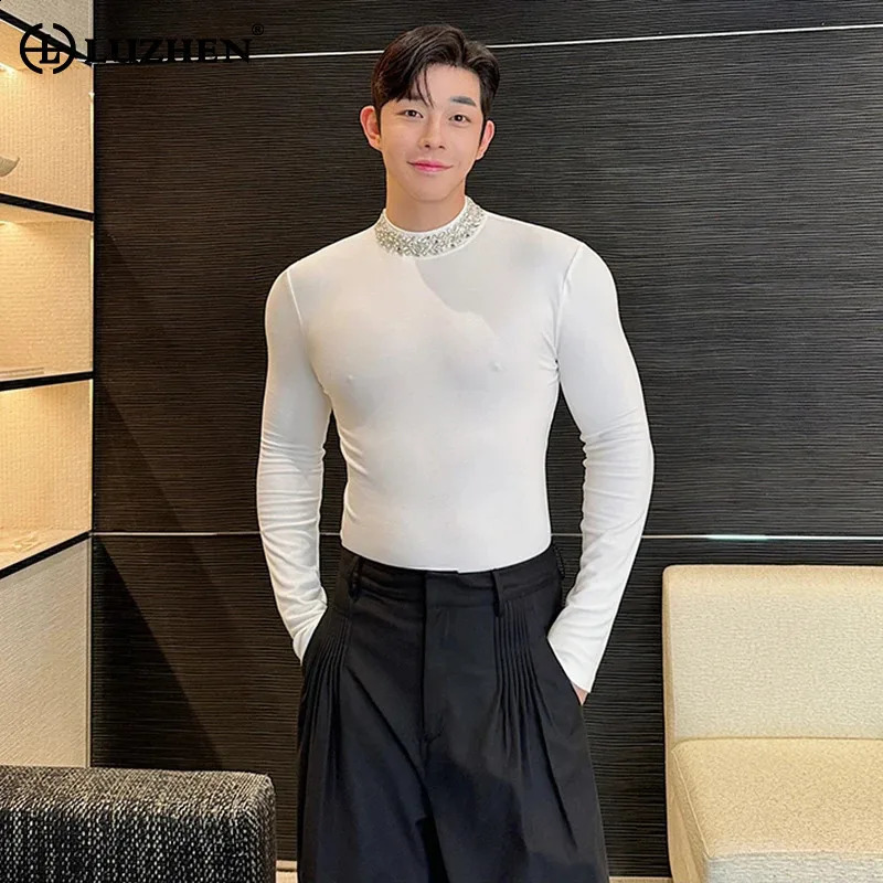 LUZHEN Diamond Decorate Long Sleeve T Shirt Fashion Plain Slim Base Shirt Original Personalized Trendy Mens Tops LZ4789 240819