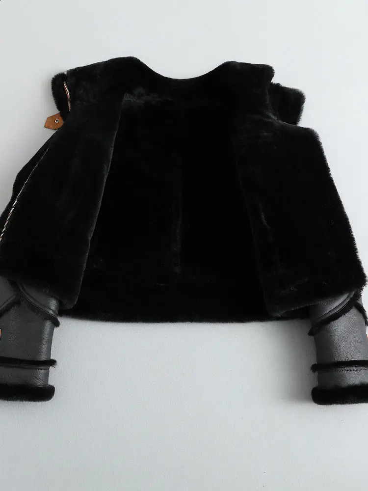 Winter womens real wool leather jacket short motorcycle coat thick warm lining ious natural 240814