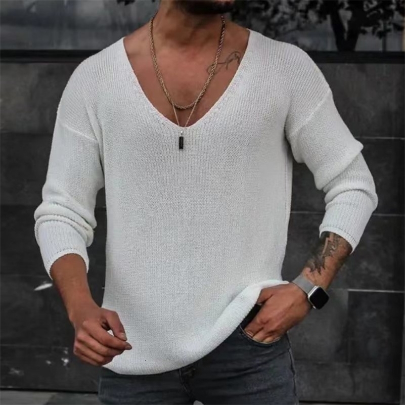 Men Spring V Neck Rib Bottoming T-shirts Pullover Autumn Long Sleeve Slim Fit Tees Tops Simple Casual Plain Thin Knit Shirt 240816
