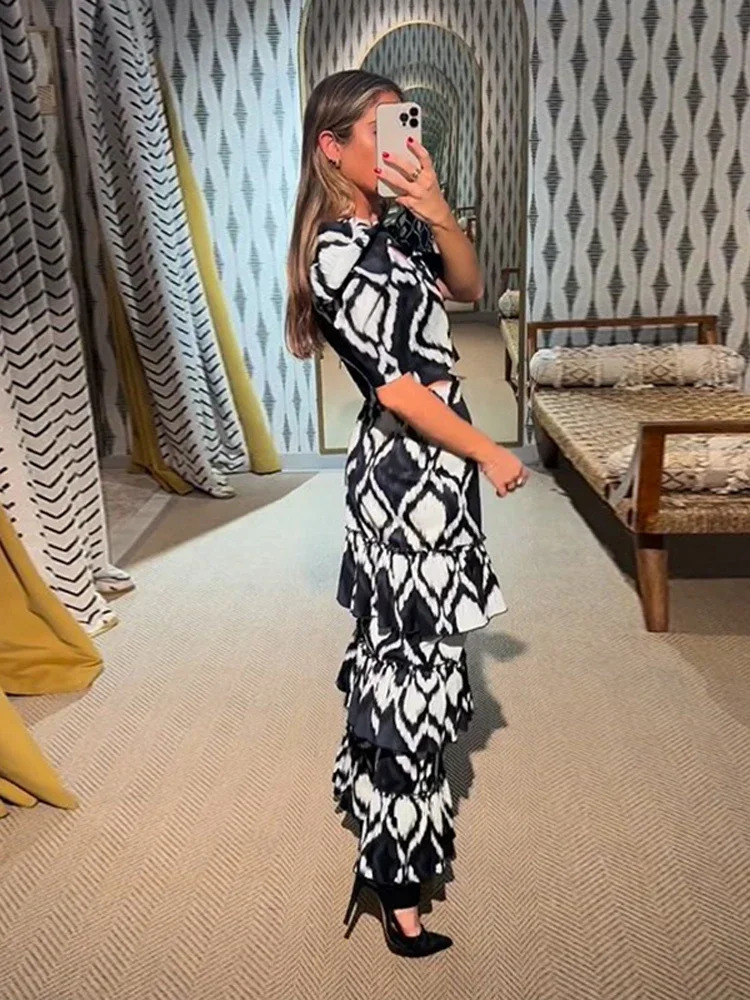 Fashionable Ruffle Printed Top Set Elegant Womens High Waist Skirt Two Piece Summer 240816