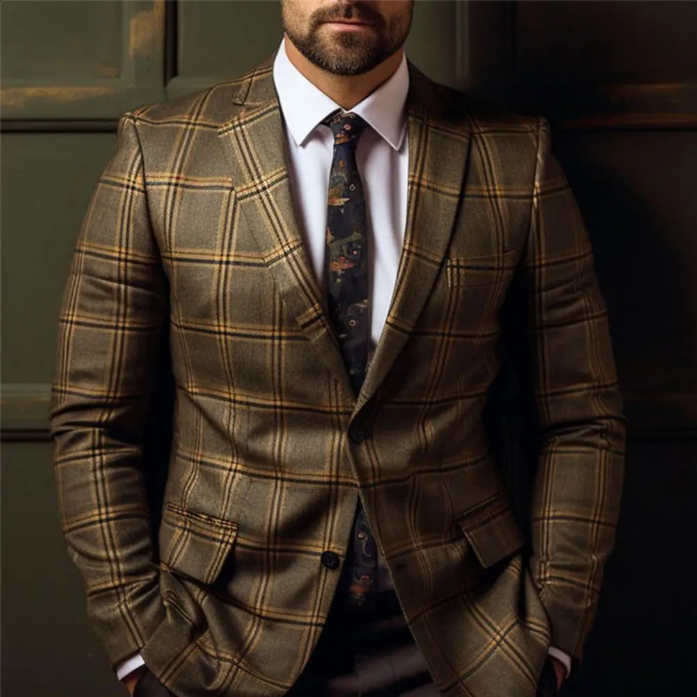 Vintage Men Suit Blazer Formal Slim Fit Plaid Print Business Jacket Long Sleeve Single Button Blazer Men Office Attire Coat 240816