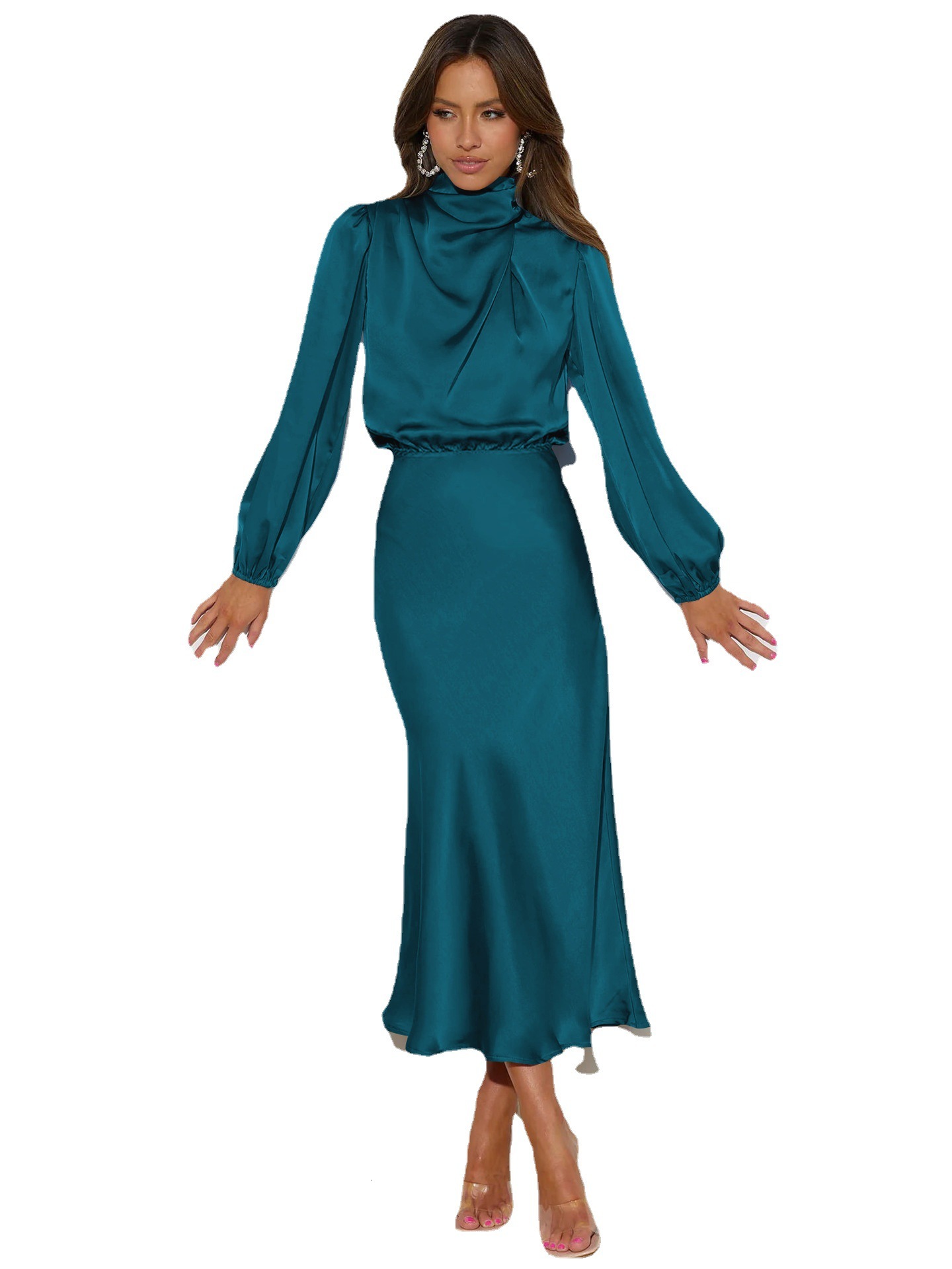 Autumn New High-end Satin Long Sleeved Loose Dress with Elegant Temperament Womens Evening Gift Dress