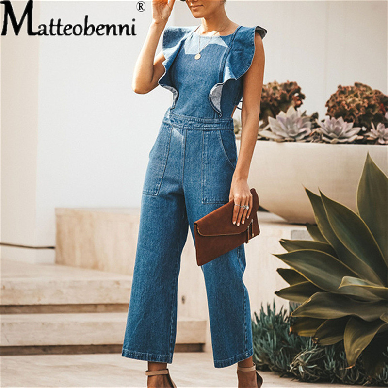 Women Elegant Ruffles Lace Up Backless Playsuits Denim Pockets Short Jumpsuits Summer Sexy Beach Romper 210428