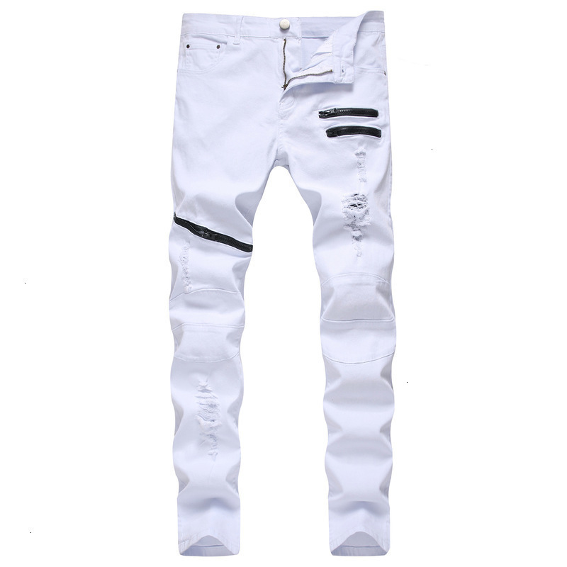 Y2K Spring Mens Perforated Denim Trouser Fashion Tear White Jeans Hip Hop Retro Tight Zipper Casual Homme w240816