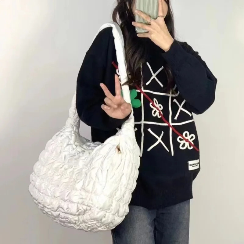 Y2K Style Casual Ruched Oversized Women Shoulder Bags Quilted Padded Crossbody Bag Large Capacity Nylon Tote Big Shopper Purses 240819