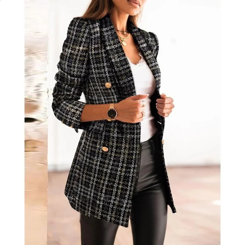 Womens S-2XL size 24 year long sleeved double breasted suit collar printed jacket Womens clothing 240819