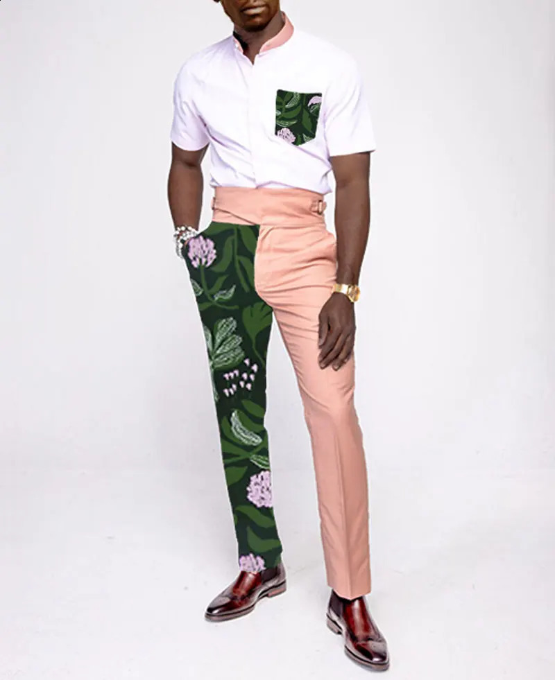 Mens Shirt 2Pcs Set Streetwear Fashion Foliage Print Button Casual Short Sleeve Shirt Straight Pants Suits Set Oversize S-3XL 240816
