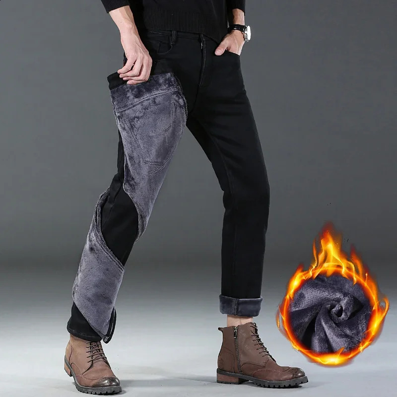 2024 Men Winter Warm Black Straight Thcik Fleece Jeans Fashion Casual Baggy Classic Style Solid Denim Trousers Male Clothing 240816