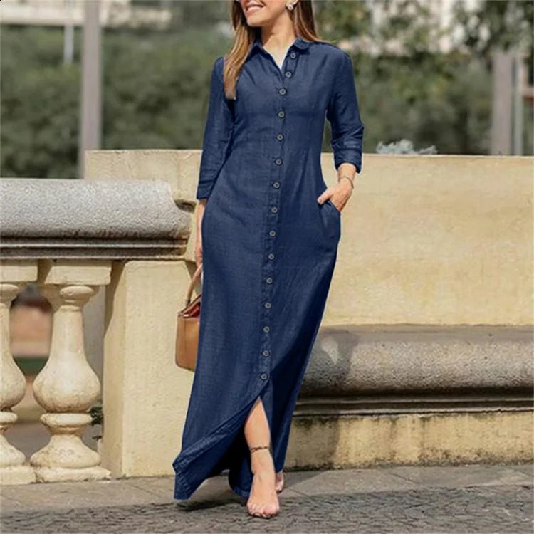 Autumn Elegant Womens Denim Dress Long Sleeve Buttons Shirt Long Dress Female Fashion Elegant Casual Ladies Clothes 240816