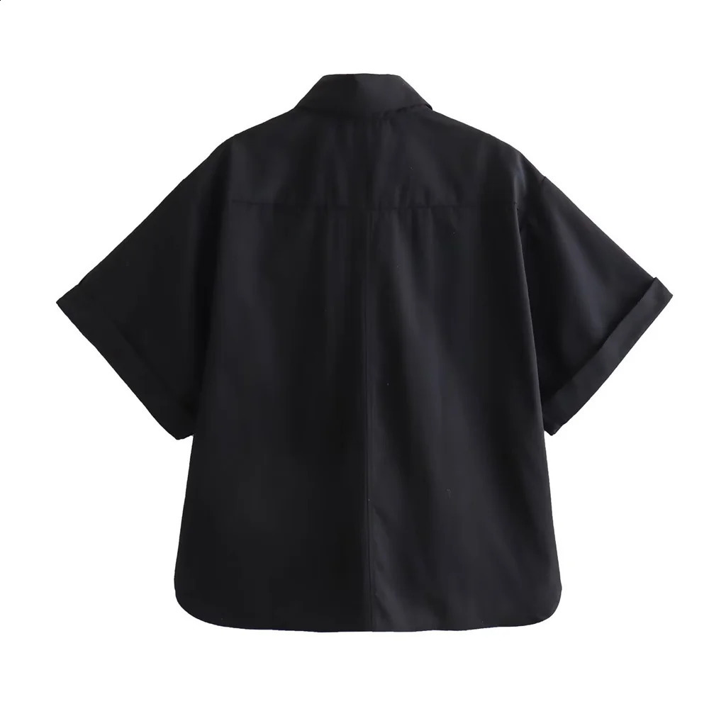 Zach Ailsa Spring Womens Fashion Polo Neck Curly Short Sleeve Pocket Decorative Solid Color Shirt 240814